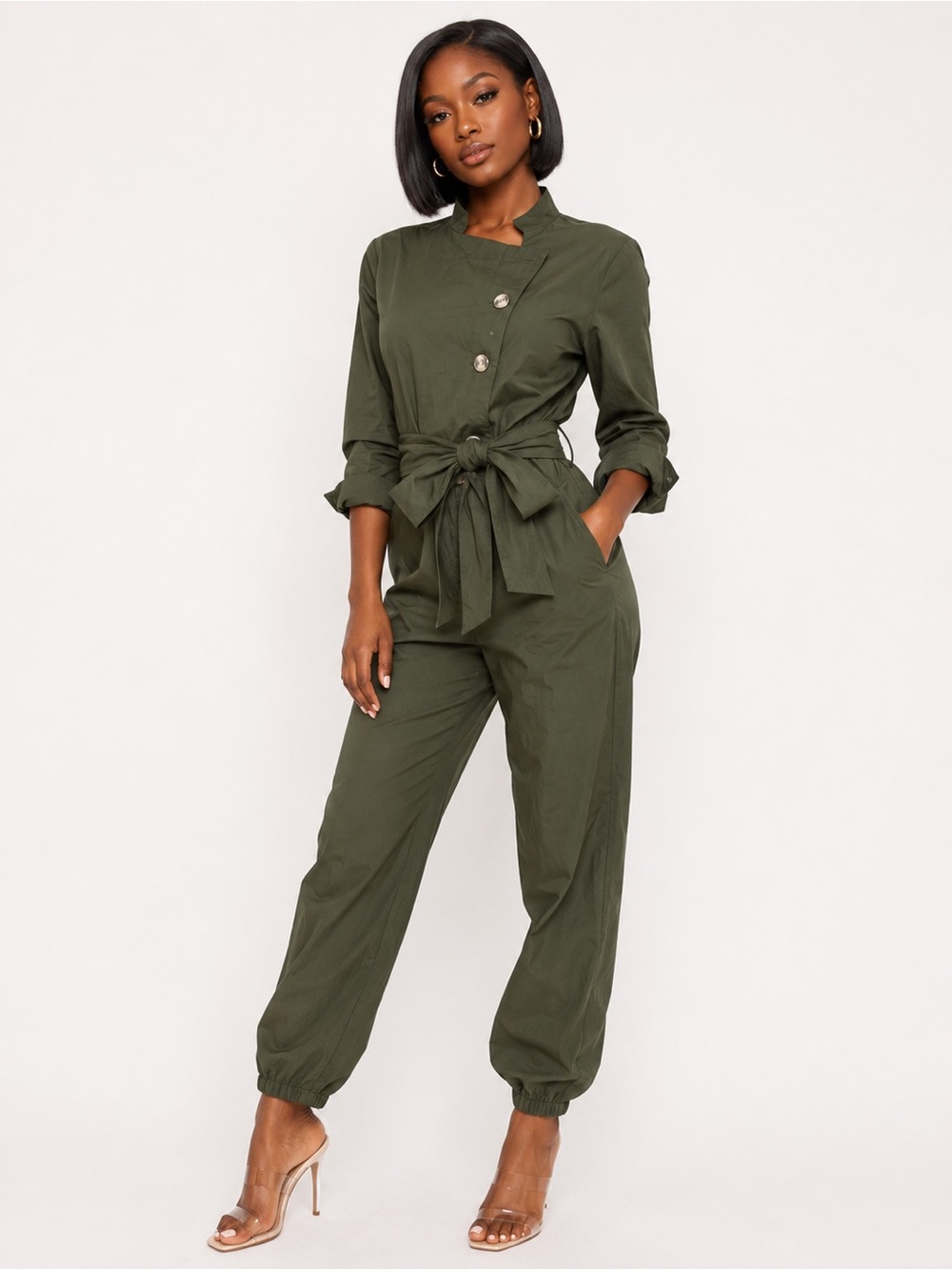 New York & Company Olive Green Button-Front Tie-Waist Jumpsuit